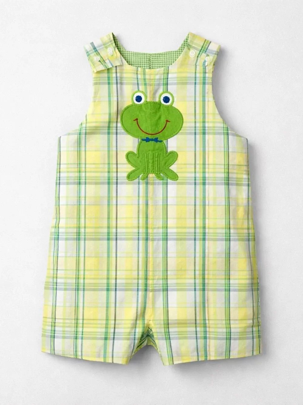 The Bailey Boys lime and yellow plaid frog appliqué Jon Jon reversible size 12m